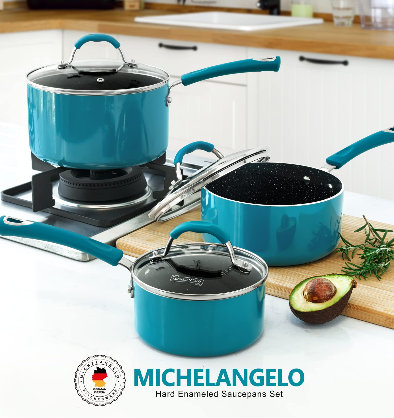 MICHELANGELO Sauce Pan Sets, Enamel Sauce Pan with Lid, 1Qt & 2Qt & 3Qt Saucepans with Lids, Nonstick Saucepan Set, Small Pot with Lid, Non Stick Sauce Pots with Silicone Handle, Oven Safe, Cyan