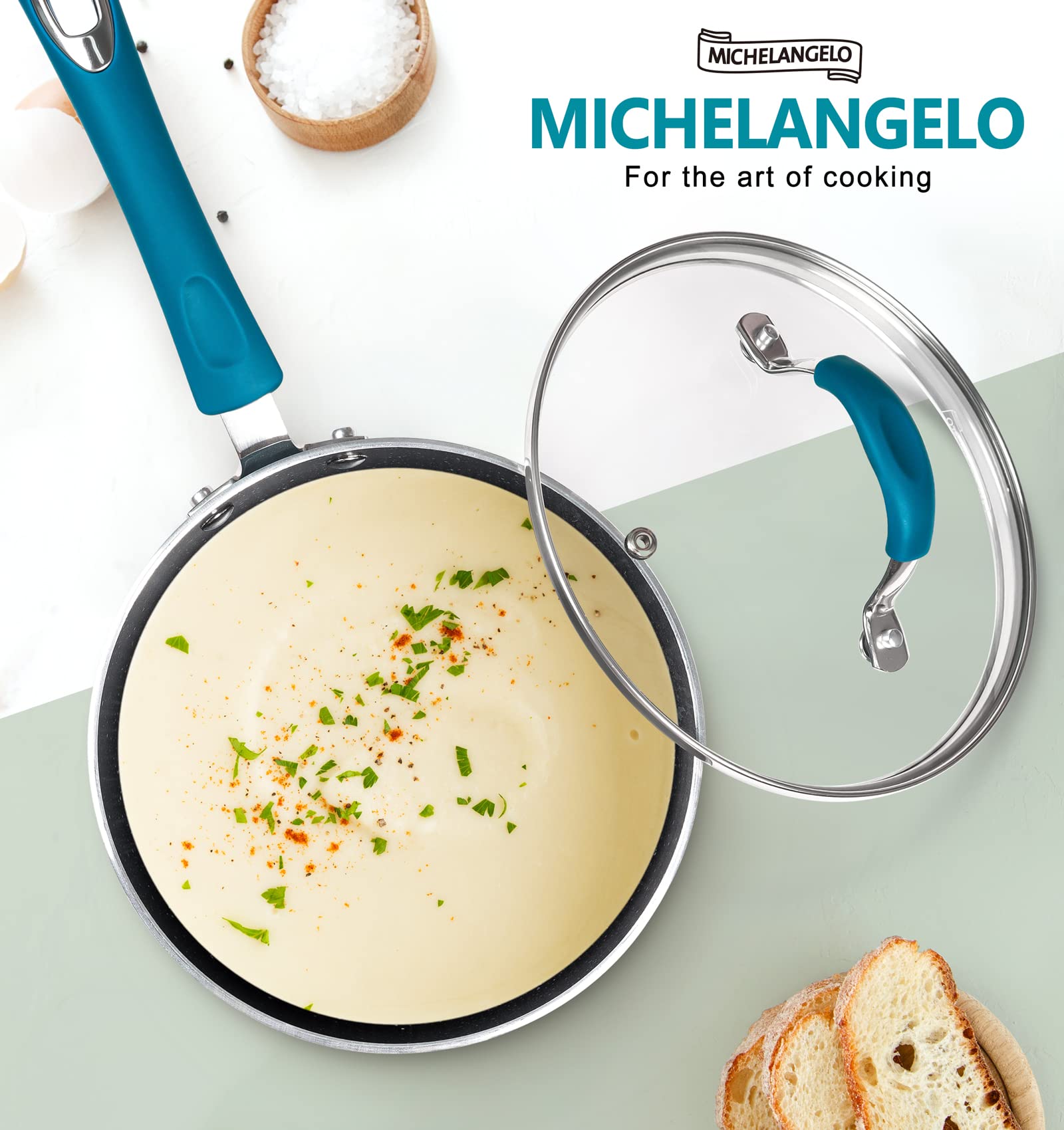 MICHELANGELO Sauce Pan Sets, Enamel Sauce Pan with Lid, 1Qt & 2Qt & 3Qt Saucepans with Lids, Nonstick Saucepan Set, Small Pot with Lid, Non Stick Sauce Pots with Silicone Handle, Oven Safe, Cyan