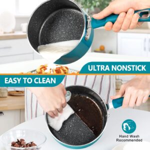 MICHELANGELO Sauce Pan Sets, Enamel Sauce Pan with Lid, 1Qt & 2Qt & 3Qt Saucepans with Lids, Nonstick Saucepan Set, Small Pot with Lid, Non Stick Sauce Pots with Silicone Handle, Oven Safe, Cyan