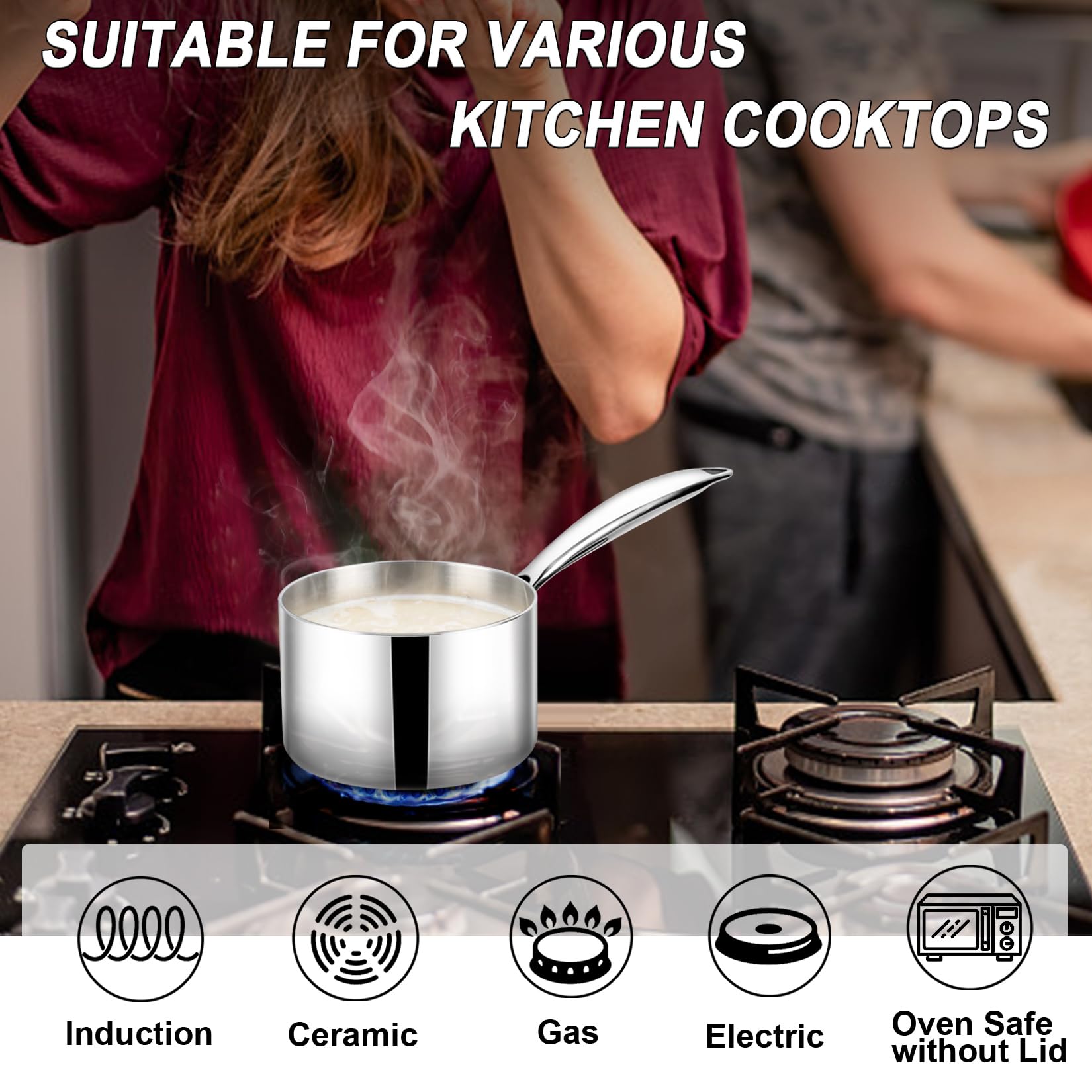 TeamFar 1qt Saucepan with Lid, Stainless Steel Tri-ply Small Cooking Pot Sauce Milk Pan with Ergonomic Handle, for Induction/Gas/Electric/Ceramic, Healthy & Heavy Duty, Dishwasher Safe