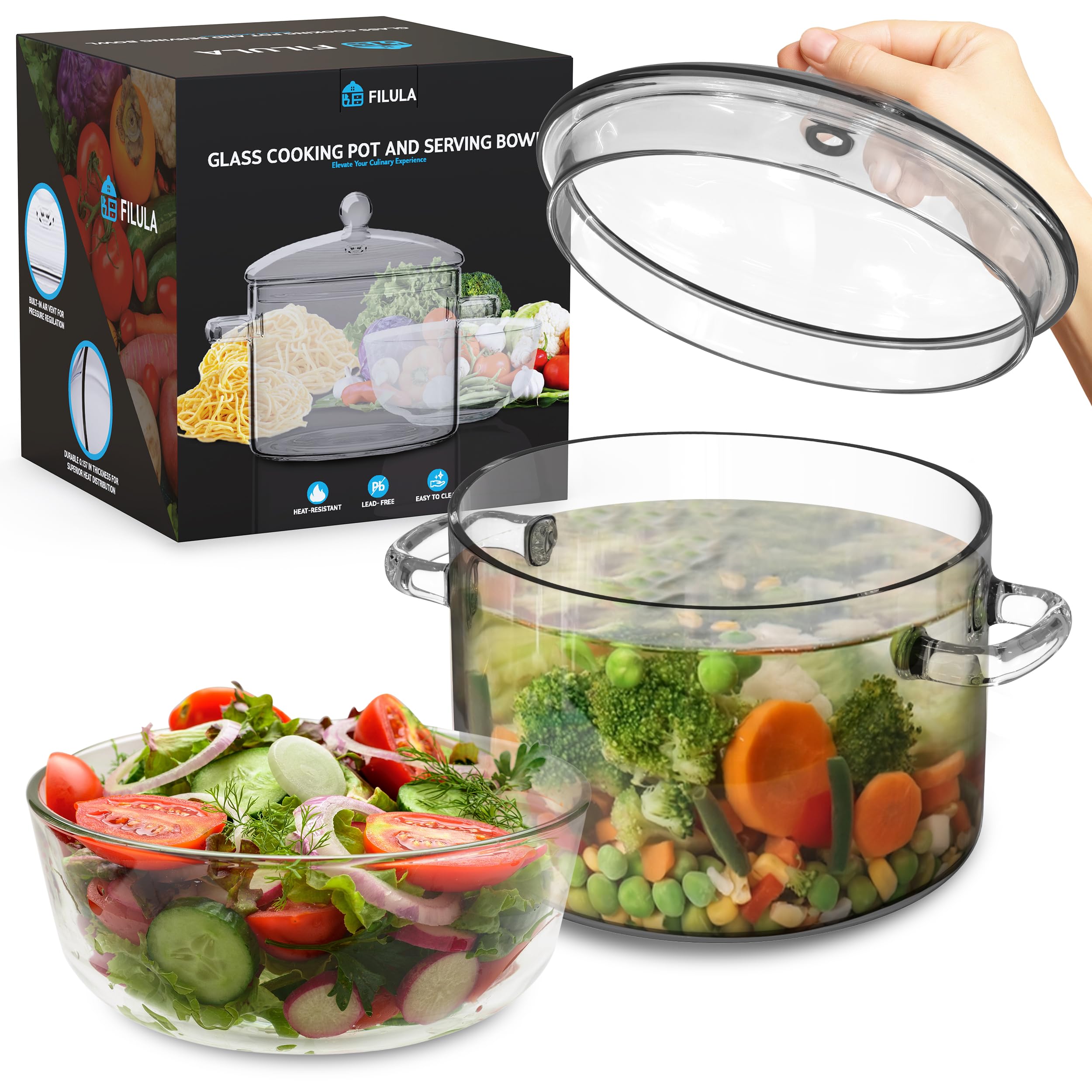 FILULA Glass Pots For Cooking on Stove (64oz/1.9L) with Serving Bowl, in an Elegant Box - Borosilicate Glass Saucepan with Cover for Monitoring Your Cooking – Cook, Serve and More with The Glass Pot