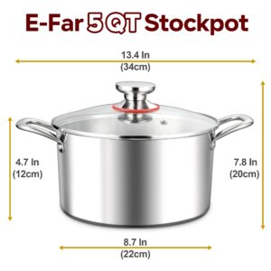 E-far 5 Quart Stock Pot with Lid, 18/10 Tri-ply Stainless Steel Stockpot for Induction Ceramic Gas Stoves, Heavy Duty Cooking Pot for Pasta Soup Stewing Simmering, Oven and Dishwasher Safe