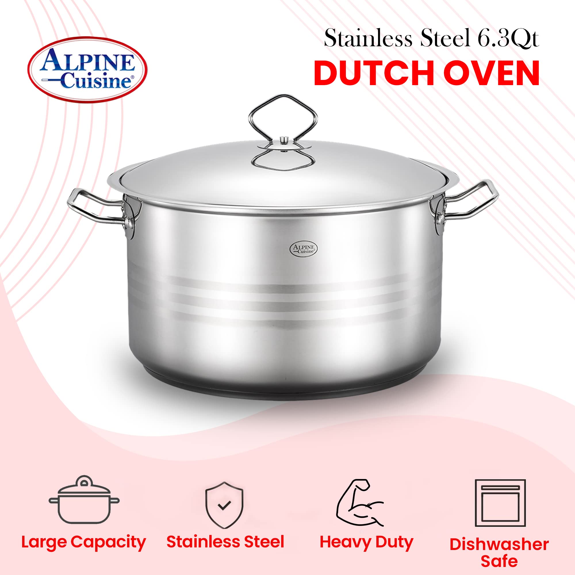 Alpine Cuisine 6.3-Quart Stainless Steel Dutch Oven with Lid & Easy Cool Handle, Food Grade Stainless Steel Heavy Duty, Commercial Grade Healthy Cookware kitchen Dutch oven, Dishwasher Safe