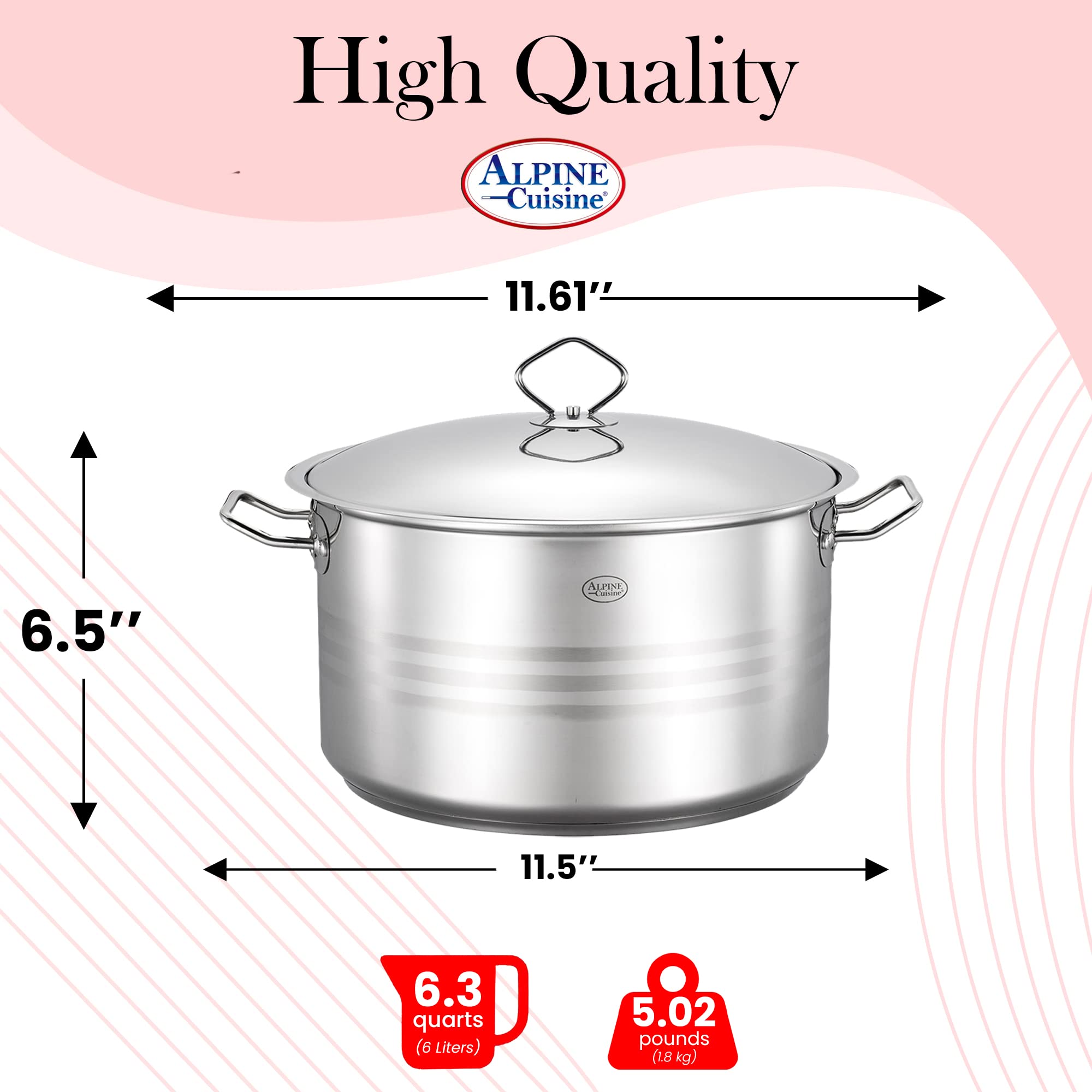 Alpine Cuisine 6.3-Quart Stainless Steel Dutch Oven with Lid & Easy Cool Handle, Food Grade Stainless Steel Heavy Duty, Commercial Grade Healthy Cookware kitchen Dutch oven, Dishwasher Safe