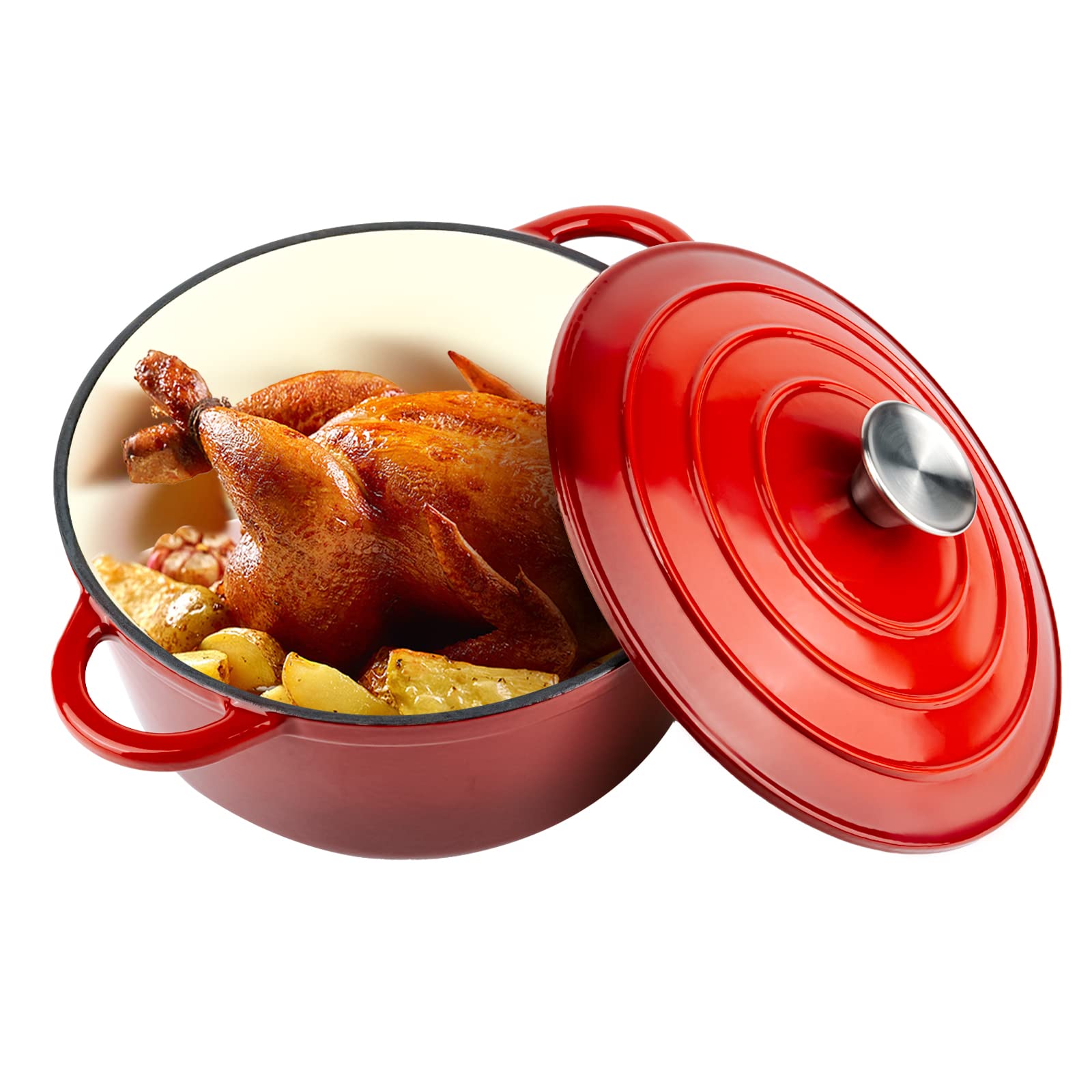 Miereirl 4.5 QT Enameled Dutch Oven Pot with Lid, Cast Iron Dutch Oven with Dual Handles for Bread Baking, Cooking, Non-stick Enamel Coated Cookware (Red)