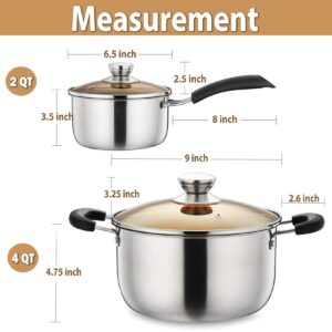 P&P CHEF 2QT Saucepan & 4QT Stockpot Set, Stainless Steel Cooking Stock Pot with Lid, Good Cookware for Kitchen Cooking Boiling, Visible Lid & Heat-proof Handle, Dishwasher Safe