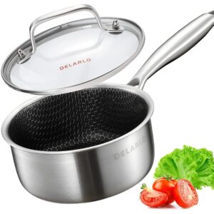 DELARLO Tri-Ply Hybrid Stainless Steel Sauce Pan Sauce Pot, Small Saucepan With Glass Lid, Nonstick Honeycomb Induction Saucier Pot Cookware, Dishwasher Safe & Oven Safe(1.5 Quart)