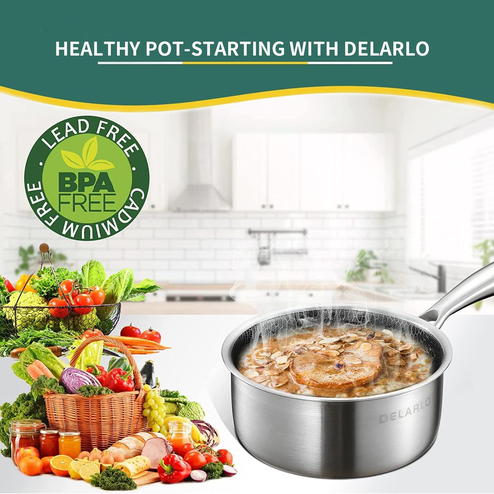 DELARLO Tri-Ply Hybrid Stainless Steel Sauce Pan Sauce Pot, Small Saucepan With Glass Lid, Nonstick Honeycomb Induction Saucier Pot Cookware, Dishwasher Safe & Oven Safe(1.5 Quart)