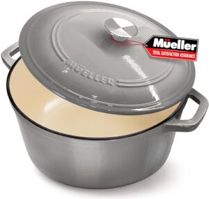 mueller 6 quart enameled cast iron dutch oven, heavy-duty casserole and braiser pan with lid and knob, safe for all cooktops