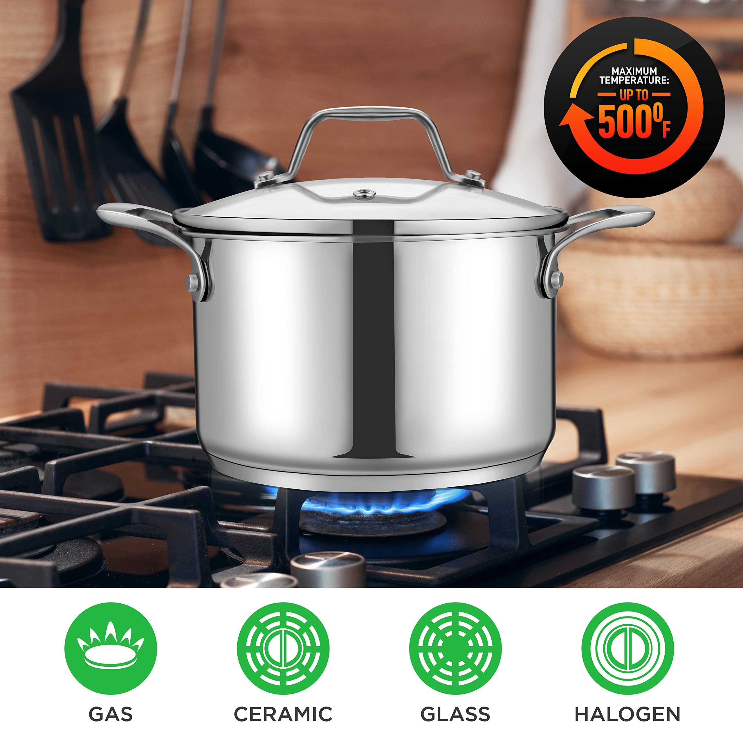 NutriChef 3-Quart Stainless Steel Soup Pot - 18/8 Food Grade Heavy Duty Cookware, Stock Pot, Stew Pot, Simmering Pot Kitchenware w/See Through Lid, Dishwasher Safe, For Induction Gas Ceramic Cooktops