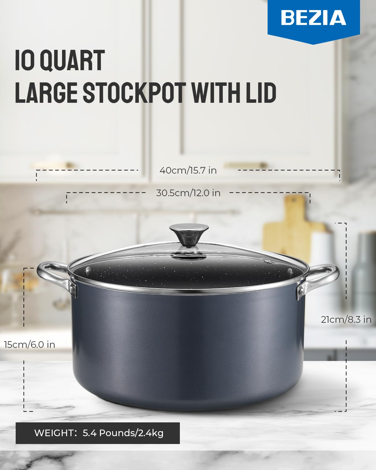 BEZIA 10 Quart Cooking Pot, Large Non Stick Induction Stock Pot with Lid, All Stove Compatible, 10 QT Aluminum Soup/Stew Pot For Large-batch Cooking, Grey