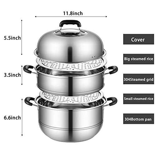 MANO Steamer Pot for Cooking 11.8 inch Steam Pots with Lid 2-tier Stainless Steel Steaming Pot Multipurpose Cookware with Handle for Vegetable, Dumpling, Stock, Sauce, Food