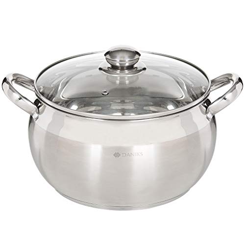 Daniks Classic Stainless Steel Stock Pot with Glass Lid | Induction 4 Quart | Dishwasher Safe Pot | Measuring Scale | Soup Pasta Stew Pot | Silver