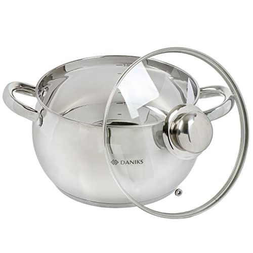 Daniks Classic Stainless Steel Stock Pot with Glass Lid | Induction 4 Quart | Dishwasher Safe Pot | Measuring Scale | Soup Pasta Stew Pot | Silver