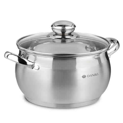 Daniks Classic Stainless Steel Stock Pot with Glass Lid | Induction 4 Quart | Dishwasher Safe Pot | Measuring Scale | Soup Pasta Stew Pot | Silver