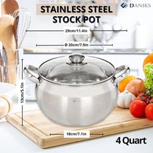 Daniks Classic Stainless Steel Stock Pot with Glass Lid | Induction 4 Quart | Dishwasher Safe Pot | Measuring Scale | Soup Pasta Stew Pot | Silver