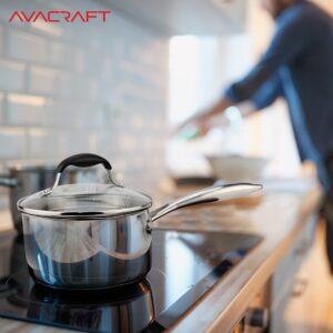 AVACRAFT Stainless Steel Saucepan with Glass Strainer Lid, Two Side Spouts for Easy Pour with Ergonomic Handle, Multipurpose Sauce Pot (Tri-Ply Capsule Bottom, 2.5 Quart)