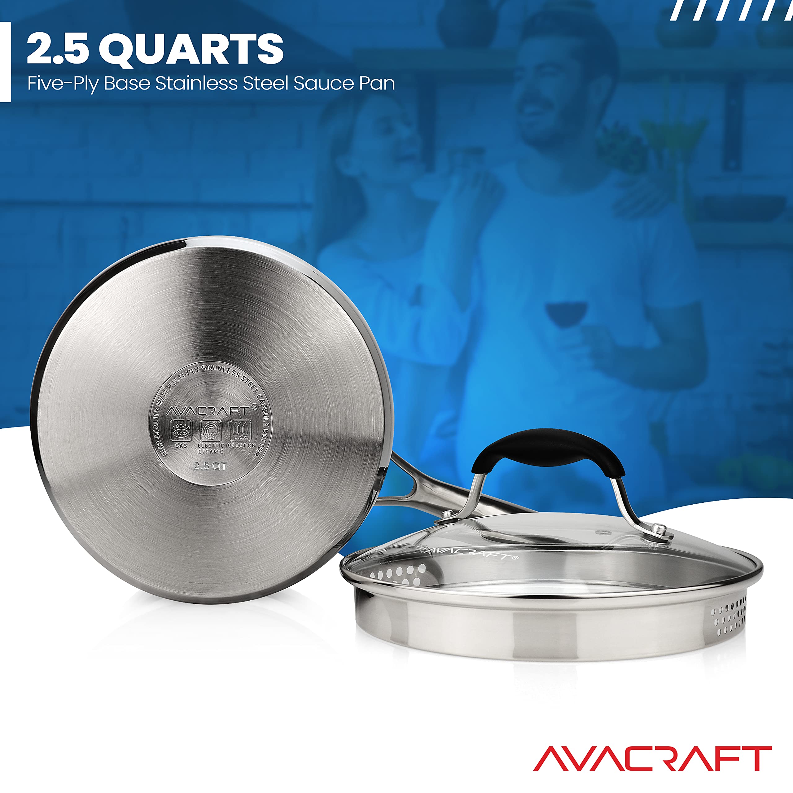 AVACRAFT Stainless Steel Saucepan with Glass Strainer Lid, Two Side Spouts for Easy Pour with Ergonomic Handle, Multipurpose Sauce Pot (Tri-Ply Capsule Bottom, 2.5 Quart)