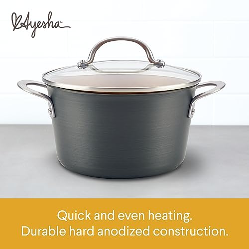 Ayesha Curry Home Collection Hard Anodized Nonstick Sauce Pan/Saucepan with Lid, 4.5 Quart, Charcoal Gray