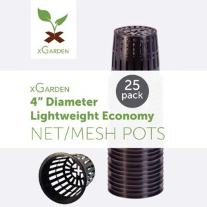 xGarden - Black 4" Round Mesh Pot Cups - 25 Pack, Lightweight Economy Net Pots, Thin Lip & Slotted Sides, UV Resistant & BPA Free Plastic, Indoor or Outdoor Growing