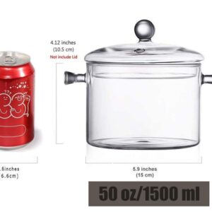 Glass Cooking Pot, 1.5L/50 OZ Glass Saucepan with Cover, Transparent Heat Resistant High Borosilicate Glass Stovetop Pot and Pan with Lid, Easy Grip Handles, Safe for Pasta Noodle (50OZ/1.5L)