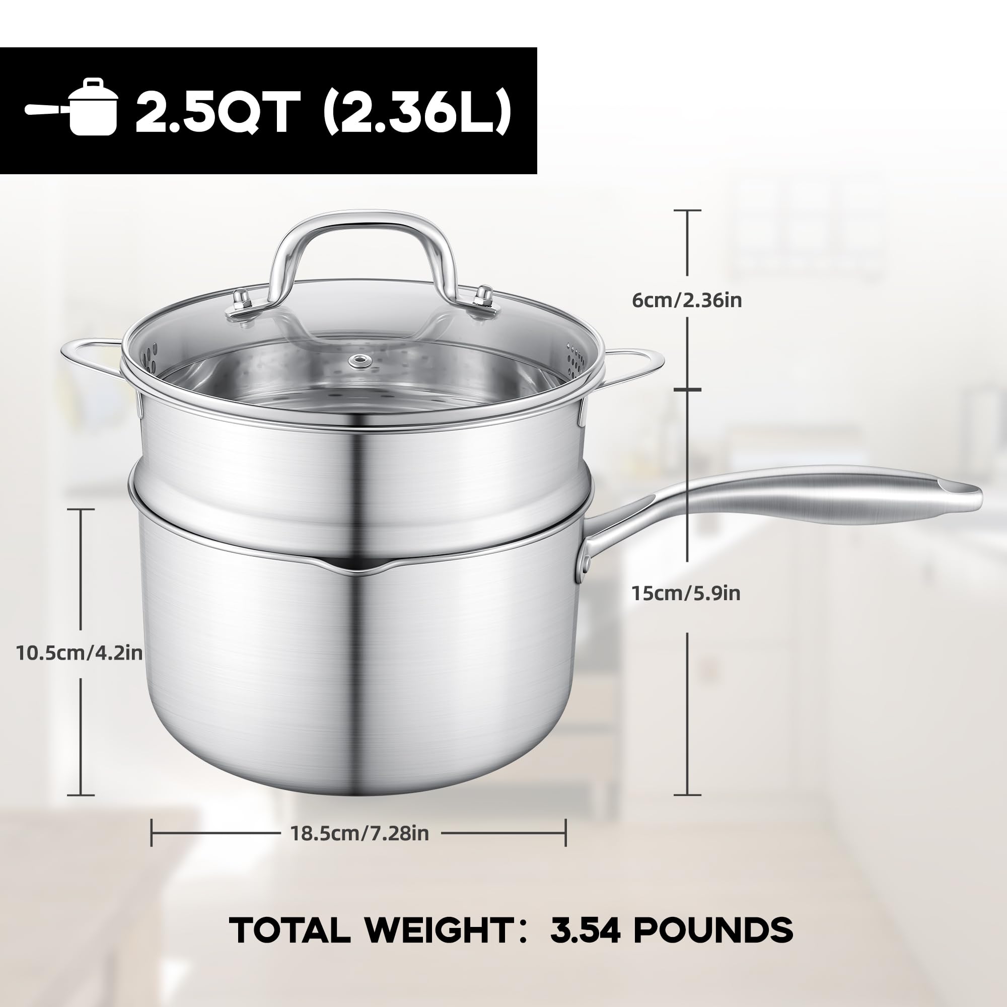 Leetaltree 2.5 Quart Stainless Steel Saucepan with Steamer Basket, Tri-ply Construction, Multipurpose Sauce Pan with Double-sized Drainage Lid - Perfect for Cooking Gravies, Pasta, Vegetable and More