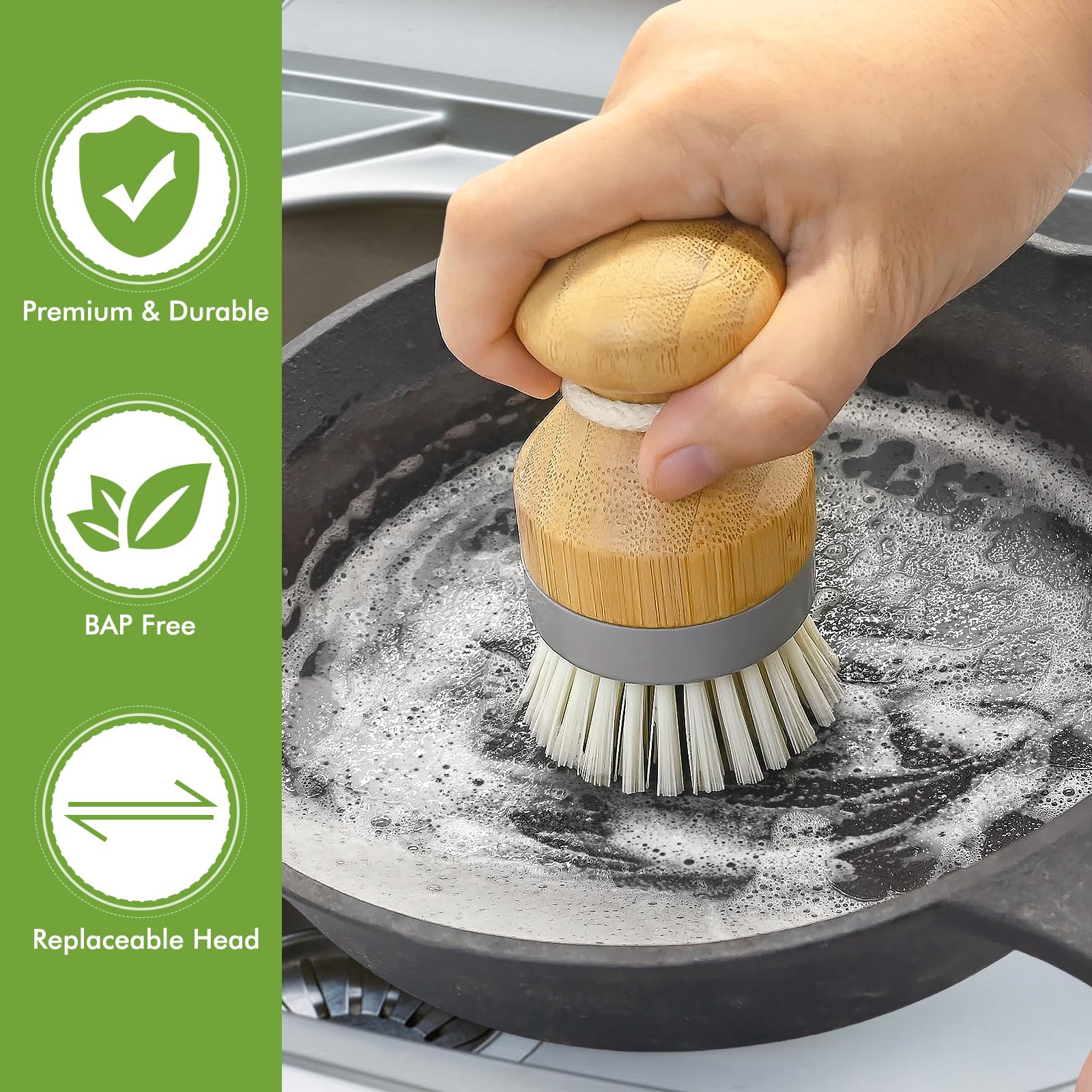 Bamboo Dish Brush, 2 Pack Bamboo Dish Scrub Brushes with Tray, Detachable Wooden Palm Brush for Cleaning Pots, Pans, Dishes, Sink and Vegetables