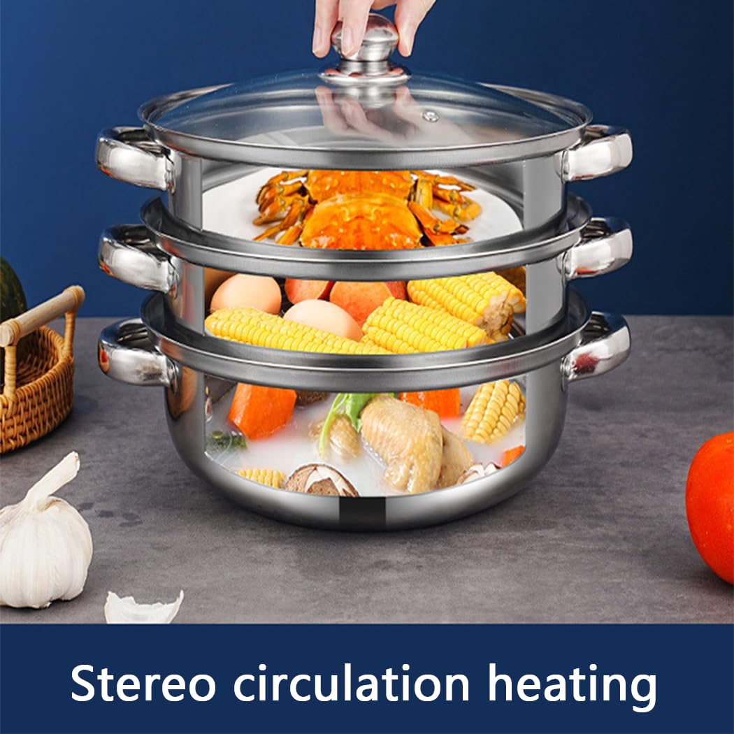 Steamer Pot for Cooking 3.0-Quart Steam Pot with Lid 2-tier Multipurpose Stainless Steel Steaming Cookware with Handle for Vegetable, Soups, Stews and Pasta