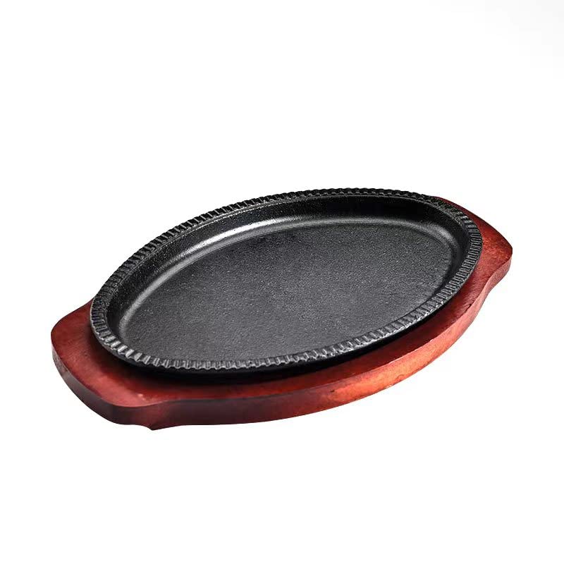 YYJINGYOU Cast Iron Steak Fajita Plate Set with wood Plate for Steak Pizza (11 x 7 inch)