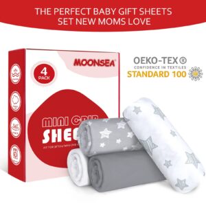 Mini Portable Crib Sheets 4 Pack for Boys or Girls (38" X 24"), Compatible with Dream on Me, Delta Porta Crib and Arms Reach Ideal Cosleeper, Grey