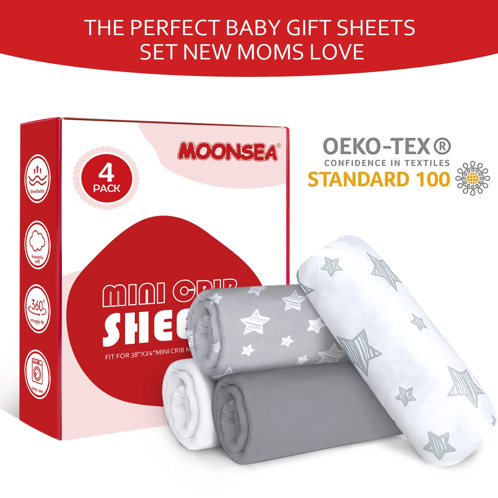 Mini Portable Crib Sheets 4 Pack for Boys or Girls (38" X 24"), Compatible with Dream on Me, Delta Porta Crib and Arms Reach Ideal Cosleeper, Grey