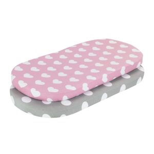 2-pack bassinet sheets - 100% cotton jersey knit hearts and dots bassinet mattress pad fitted sheets for baby girl; compatible with bassinet bedside co-sleeper lounger brands; oval rectangle mattress