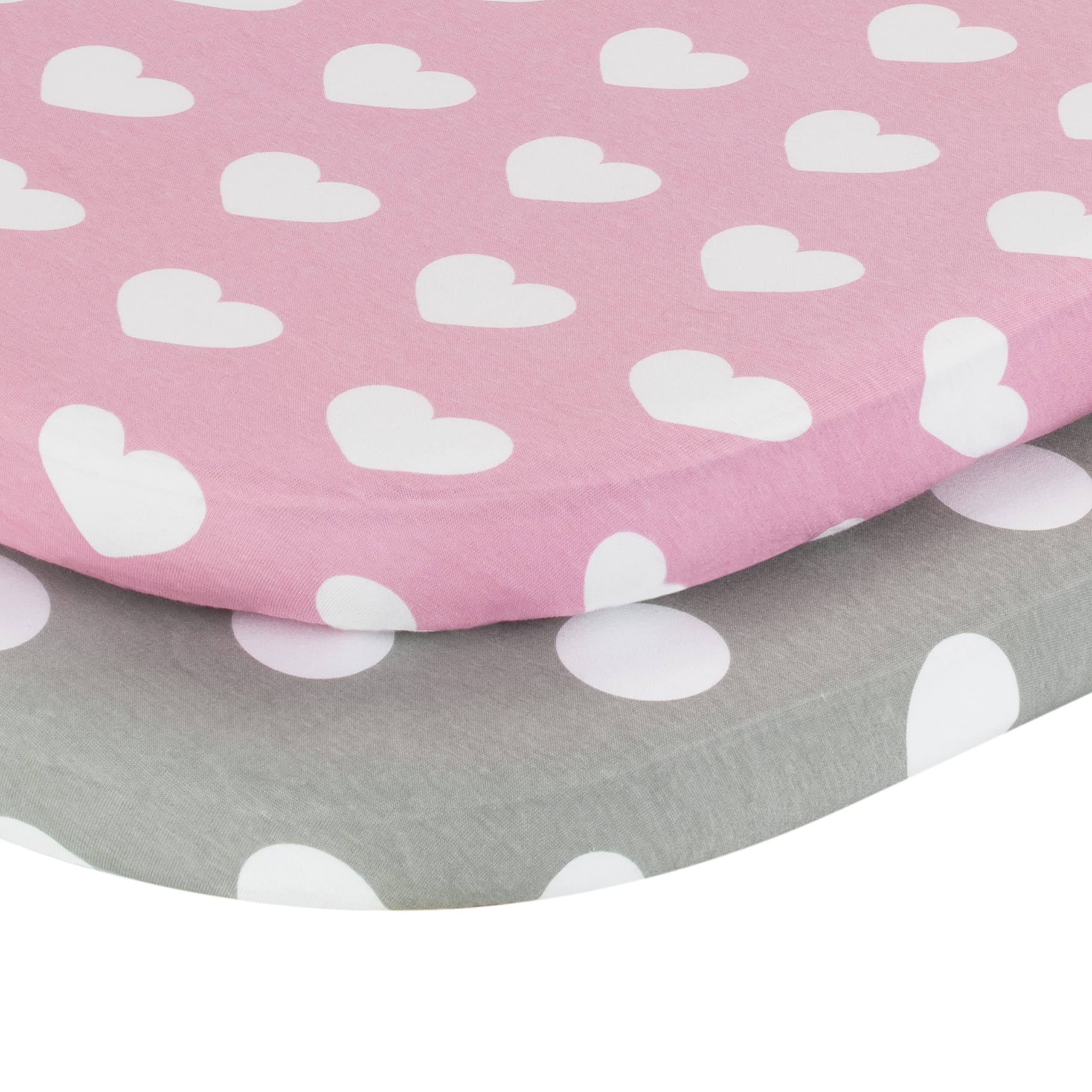 2-Pack Bassinet Sheets - 100% Cotton Jersey Knit Hearts and Dots Bassinet Mattress Pad Fitted Sheets for Baby Girl; Compatible with Bassinet Bedside Co-Sleeper Lounger Brands; Oval Rectangle Mattress