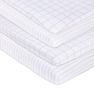 Petit Dreams Pack N Play Mini-Crib Sheet Jersey Knit Cotton for Baby Girl Flexible Fit for Standard Mini-Crib Mattresses, Dotted Stripes & Grid Lines, Pink, (Pack of 2)