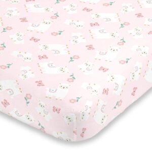 little love by nojo sweet llama & butterflies floral pink & white super soft fitted crib sheet, pink, ivory, lavender, light green