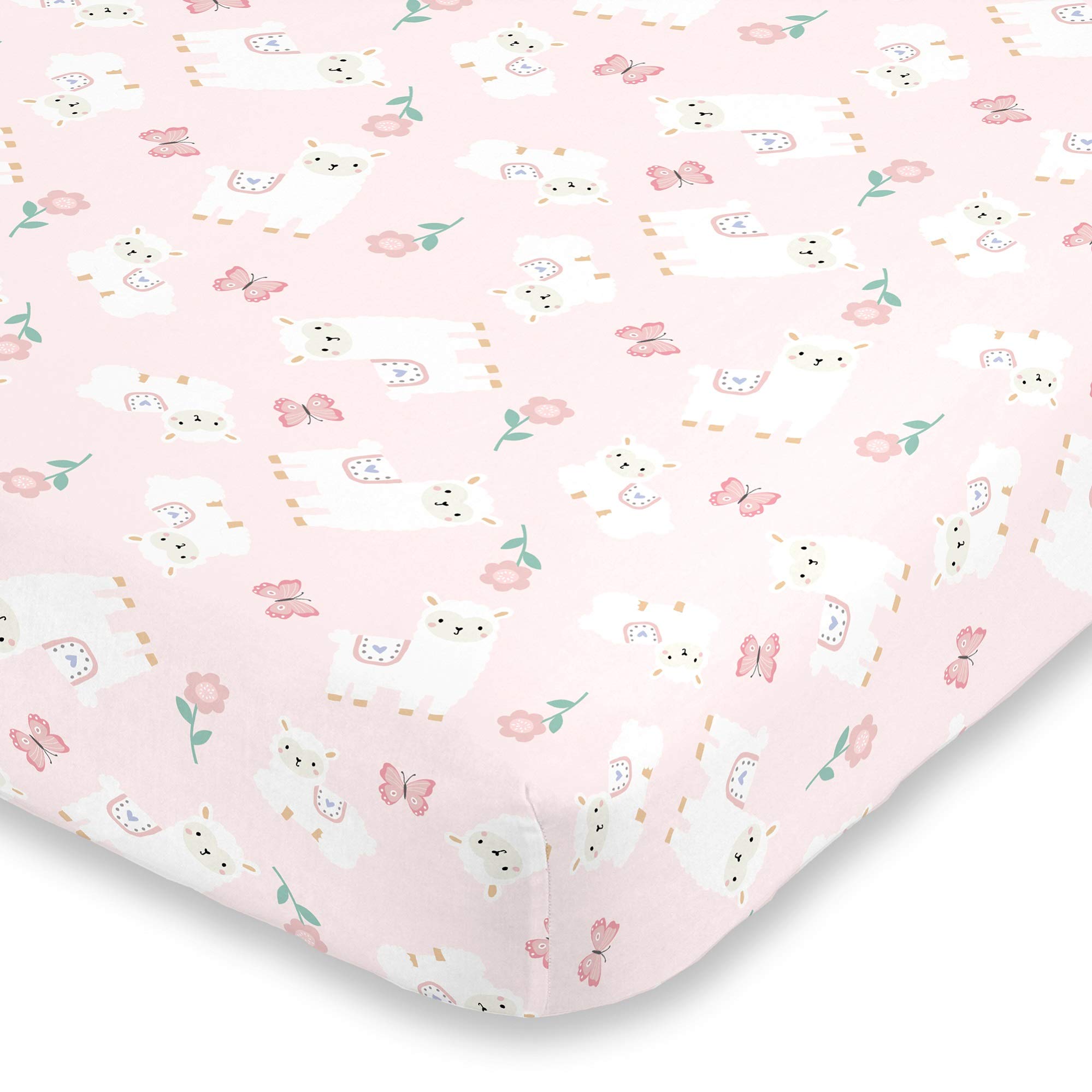 Little Love by NoJo Sweet Llama & Butterflies Floral Pink & White Super Soft Fitted Crib Sheet, Pink, Ivory, Lavender, Light Green