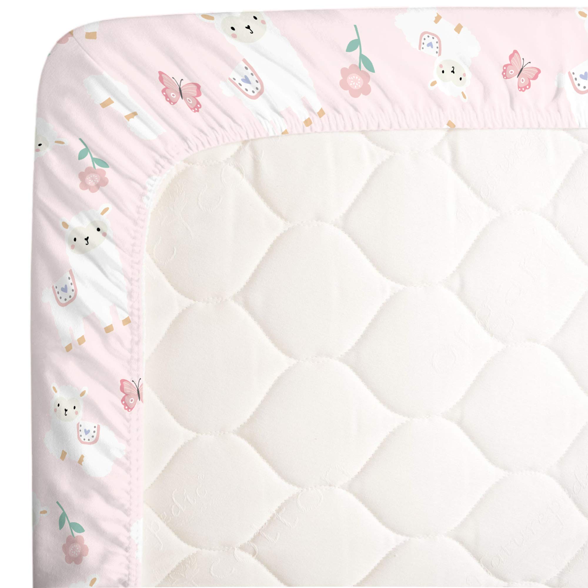 Little Love by NoJo Sweet Llama & Butterflies Floral Pink & White Super Soft Fitted Crib Sheet, Pink, Ivory, Lavender, Light Green