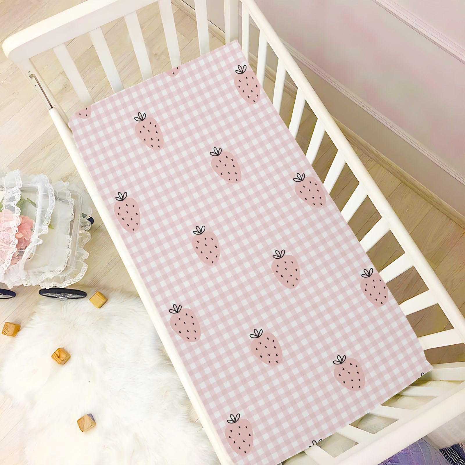 KICPOAY Fitted Crib Sheets Plaid and Strawberry Pink Stretchy Portable Playard Sheets for Baby Toddler, Breathable Soft Mini Crib Mattress 39 x 27 in for Boys and Girls