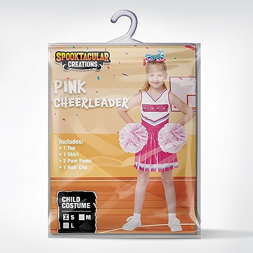 Spooktacular Creations Girl Pink Cheerleader Costume, Halloween Cute Cheer Uniform Outfit with Accessories for Halloween High School Cheerleader Dress Up Costume-L