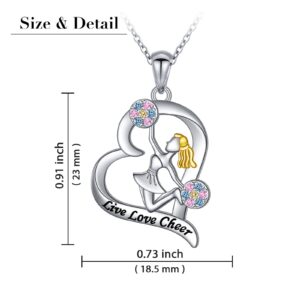 Gift for Cheering Teams, 925 Sterling Silver Engraved Live Love Cheer Up Cheerleader Girl in Heart Pendant Necklace Good Luck Gift for Women Daughter, 18 inch