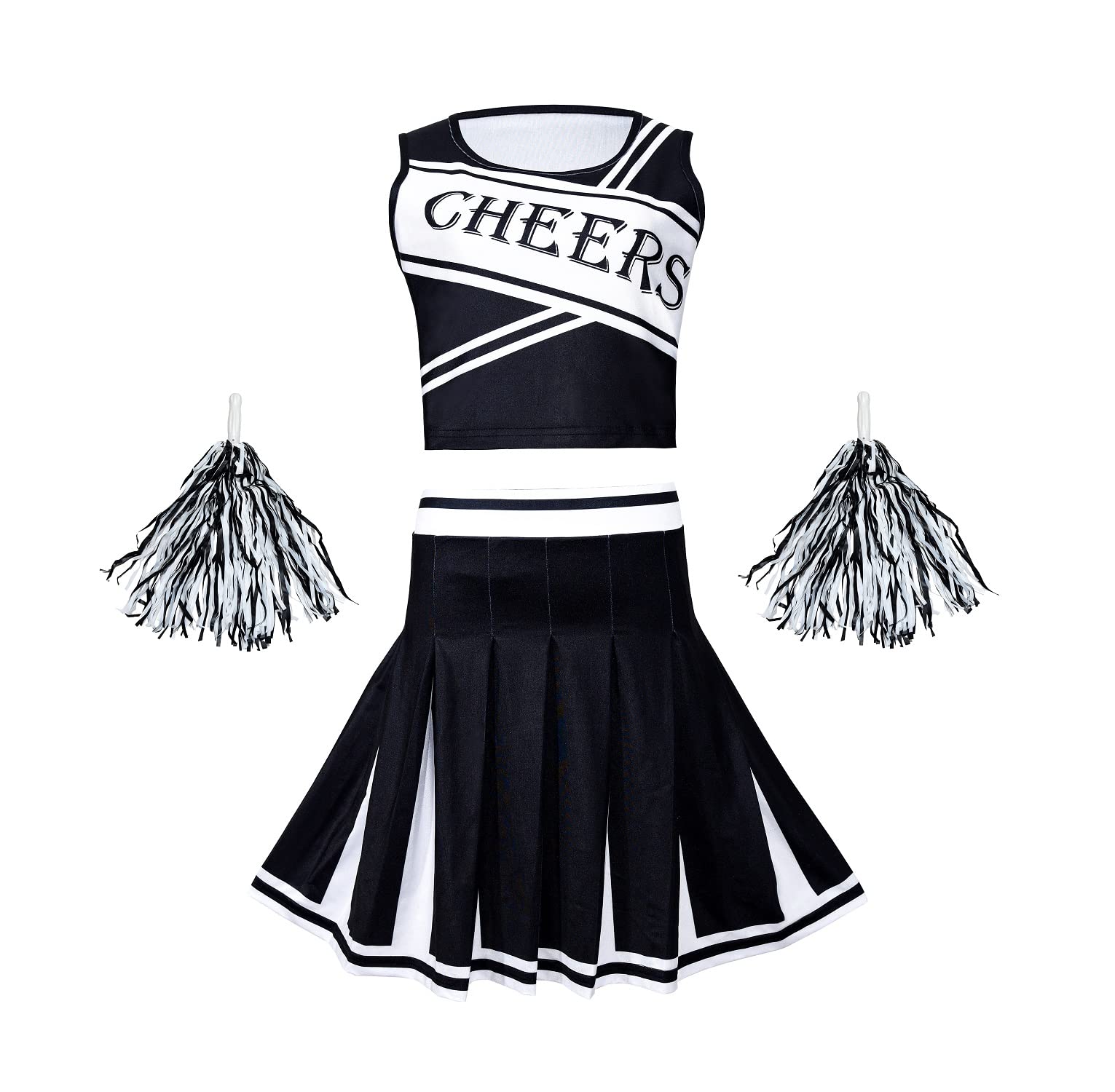 Colorful House Cheerleader Halloween Costume School Uniform Fancy Dress Complete Outfit+Pom-Pom For High School Girls Women's (XX-Large, Black&White)