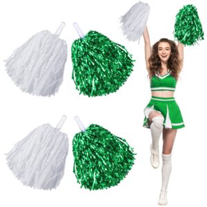 hanaive 4 pcs pom poms cheerleading spirited fun pom poms cheer metallic foil handle cheerleading poms cheer squad team for party, sports dance cheer, 30 grams weight each (white, metallic green)