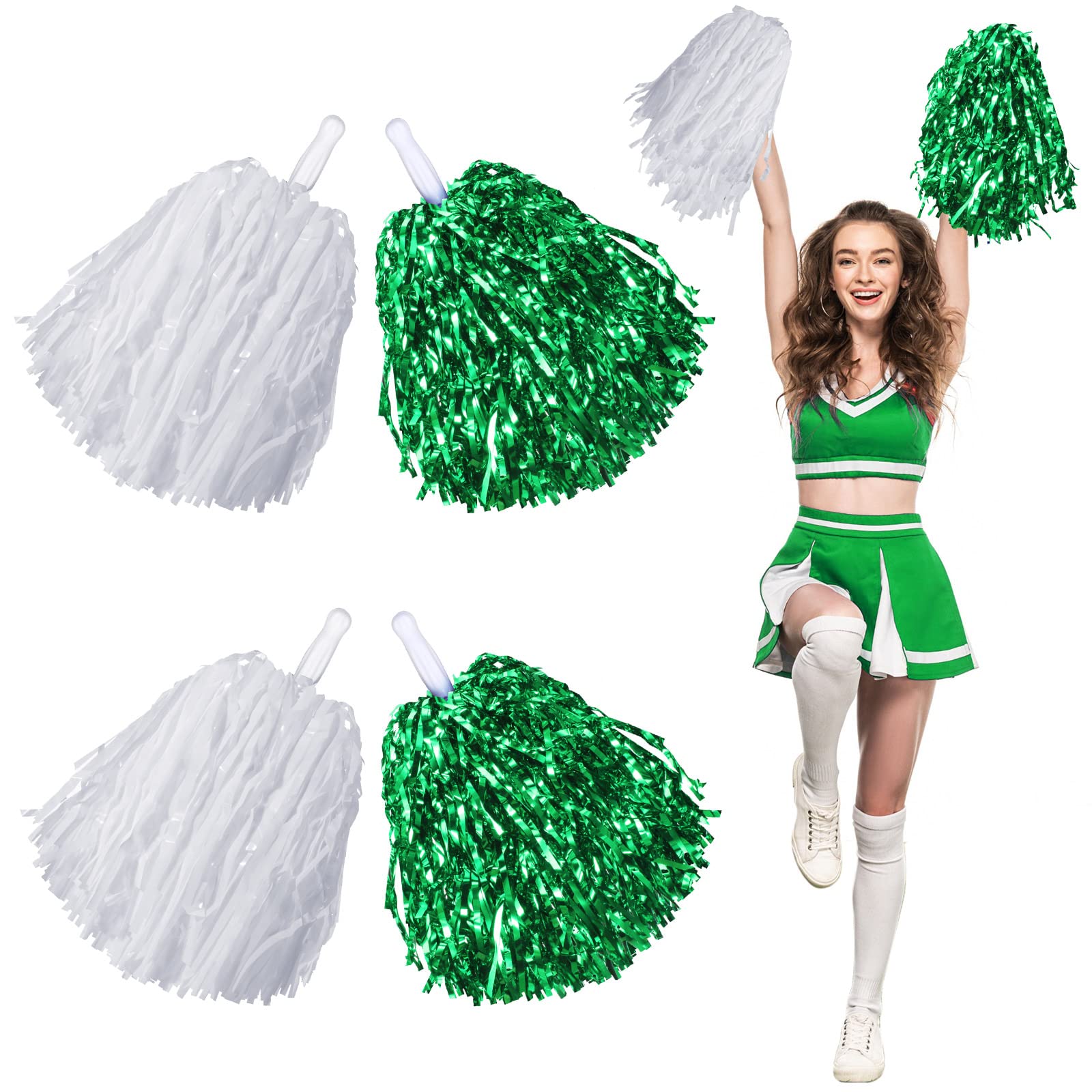 Hanaive 4 Pcs Pom Poms Cheerleading Spirited Fun Pom Poms Cheer Metallic Foil Handle Cheerleading Poms Cheer Squad Team for Party, Sports Dance Cheer, 30 Grams Weight Each (White, Metallic Green)