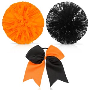 set of 3 12 inch cheerleading pom poms and large cheerleader ponytail bow holder for girl large metallic cheerleader pom poms for sports team cheering (orange and black)