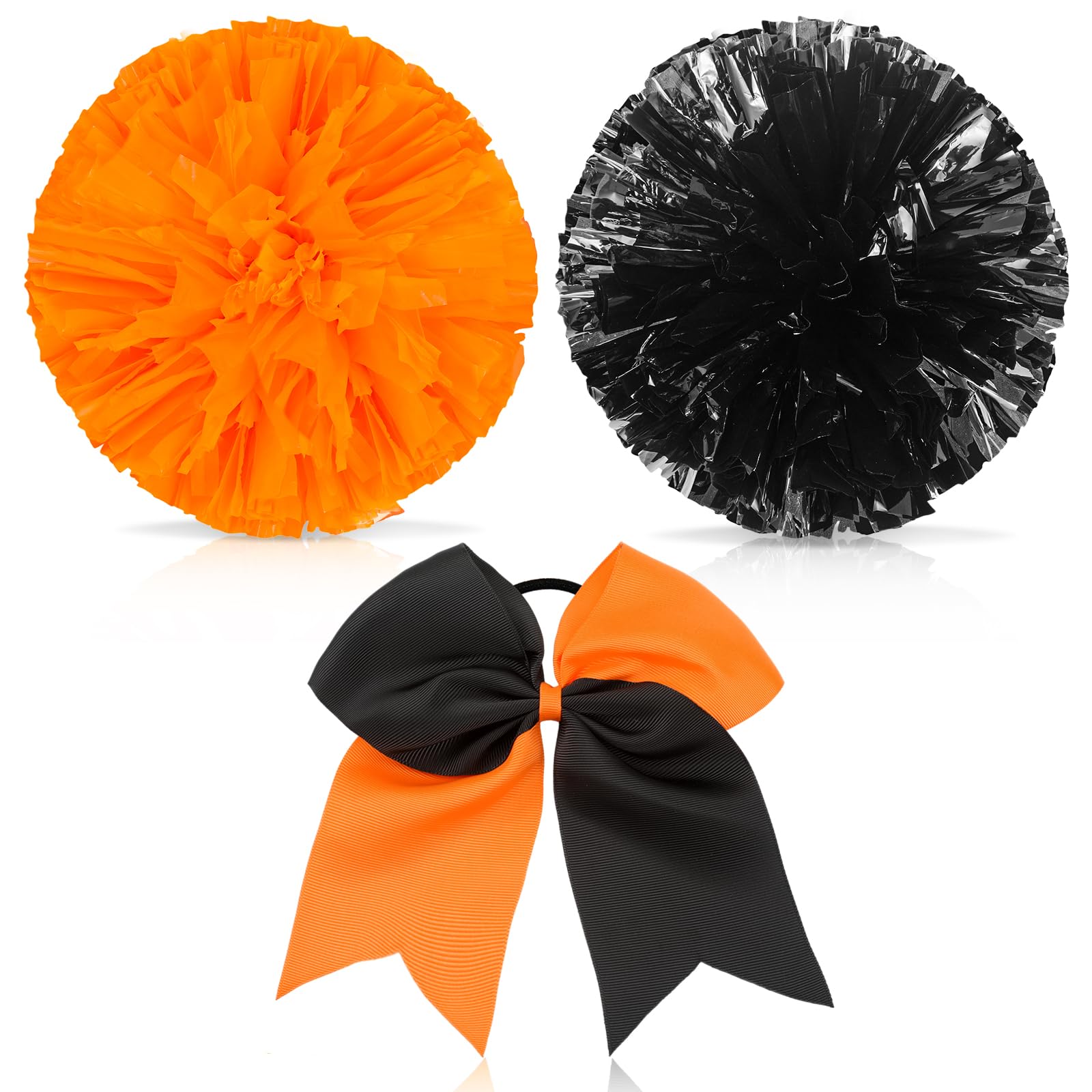 Set of 3 12 Inch Cheerleading Pom Poms and Large Cheerleader Ponytail Bow Holder for Girl Large Metallic Cheerleader Pom Poms for Sports Team Cheering (Orange and Black)