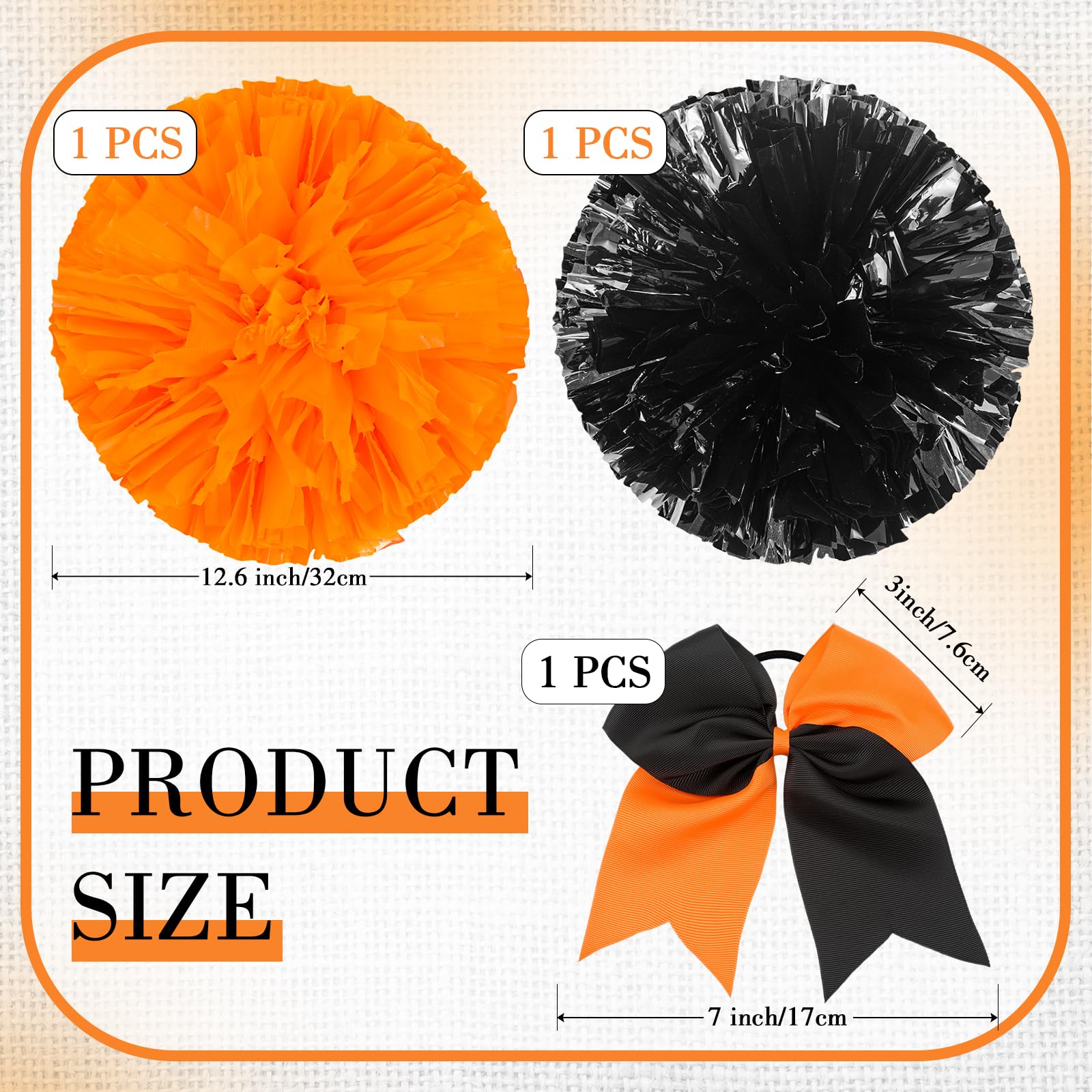 Set of 3 12 Inch Cheerleading Pom Poms and Large Cheerleader Ponytail Bow Holder for Girl Large Metallic Cheerleader Pom Poms for Sports Team Cheering (Orange and Black)