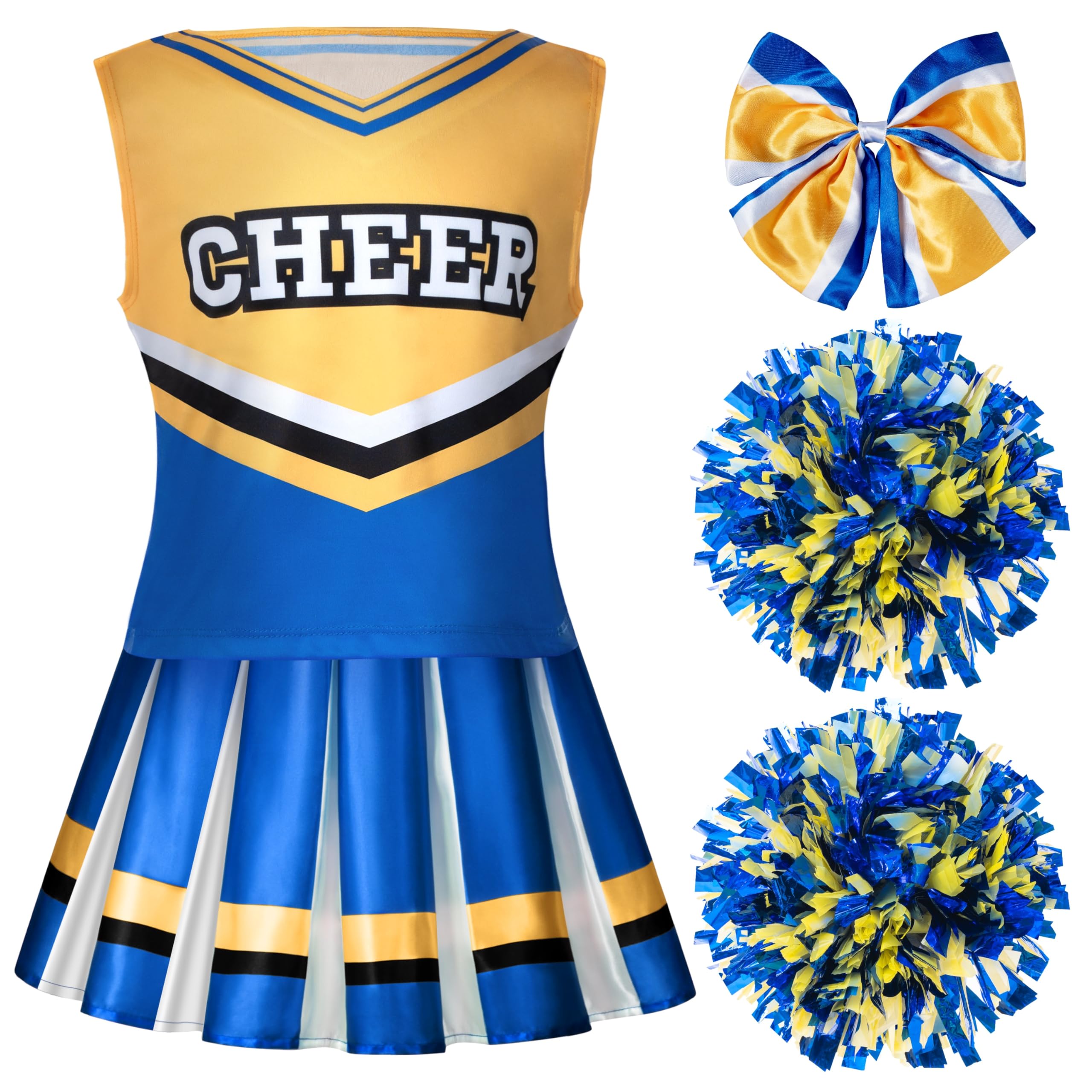 Spooktacular Creations Girl Blue Cheerleader Costume, Halloween Cute Cheer Uniform Outfit with Accessories for Halloween High School Cheerleader Dress Up Costume-M