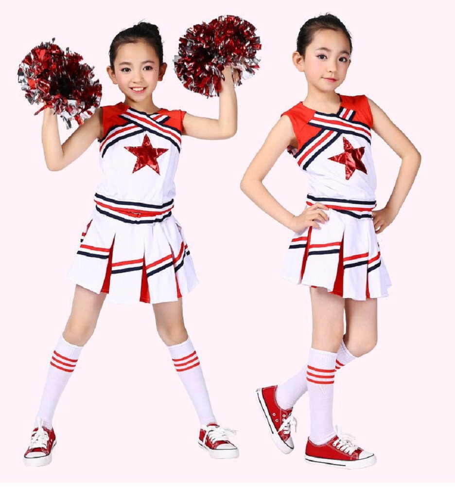 LOLANTA Little Girls Cheerleader Uniform Outfit Cheerleading Costume Fun Varsity Brand Youth Red White (Red, 5-6)