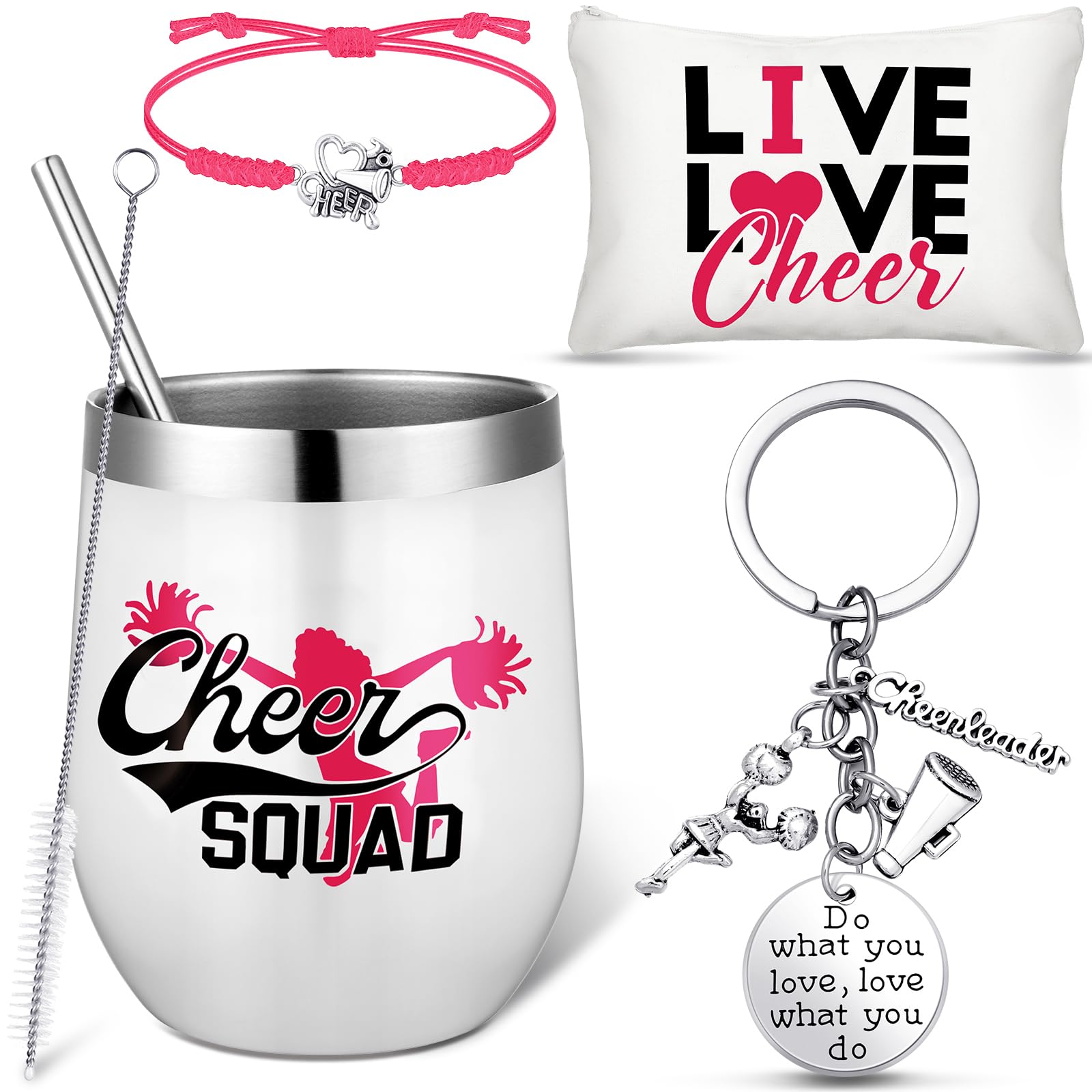 Irenare 4 Pcs Cheerleader Gifts Set 12 oz Cheer Tumbler Makeup Bag Cheerleading Bracelet Cheer Keychain for Cheer Accessories(Pink)