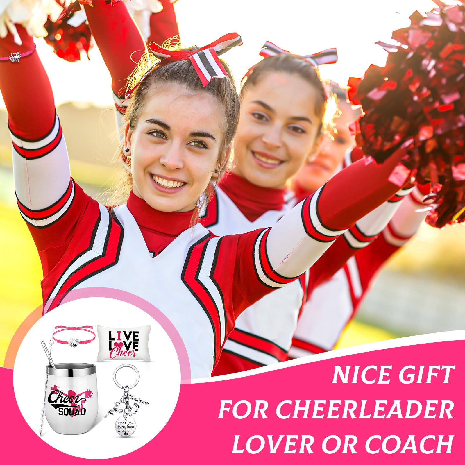 Irenare 4 Pcs Cheerleader Gifts Set 12 oz Cheer Tumbler Makeup Bag Cheerleading Bracelet Cheer Keychain for Cheer Accessories(Pink)